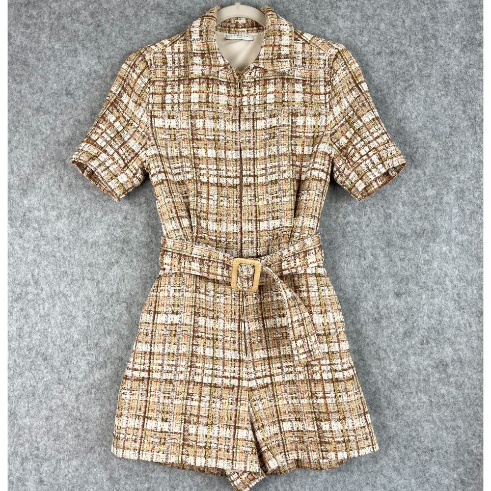 Sandro Belted Tweed Playsuit Romper Womens FR34 XS Plaid Full Zip Parisian Chic